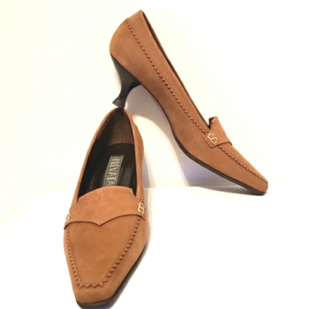 Prevata Brown/Tan Leather Suede Italian Kitten Heel Shoes Size: 7AA